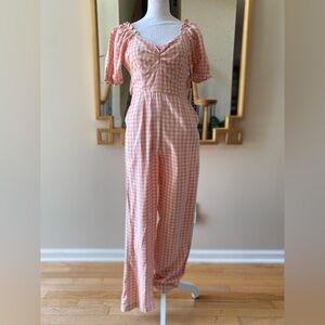 Jessica Simpson Pink Peach Gingham Jumpsuit Puff Sleeves Smocked Bodice Wide Leg